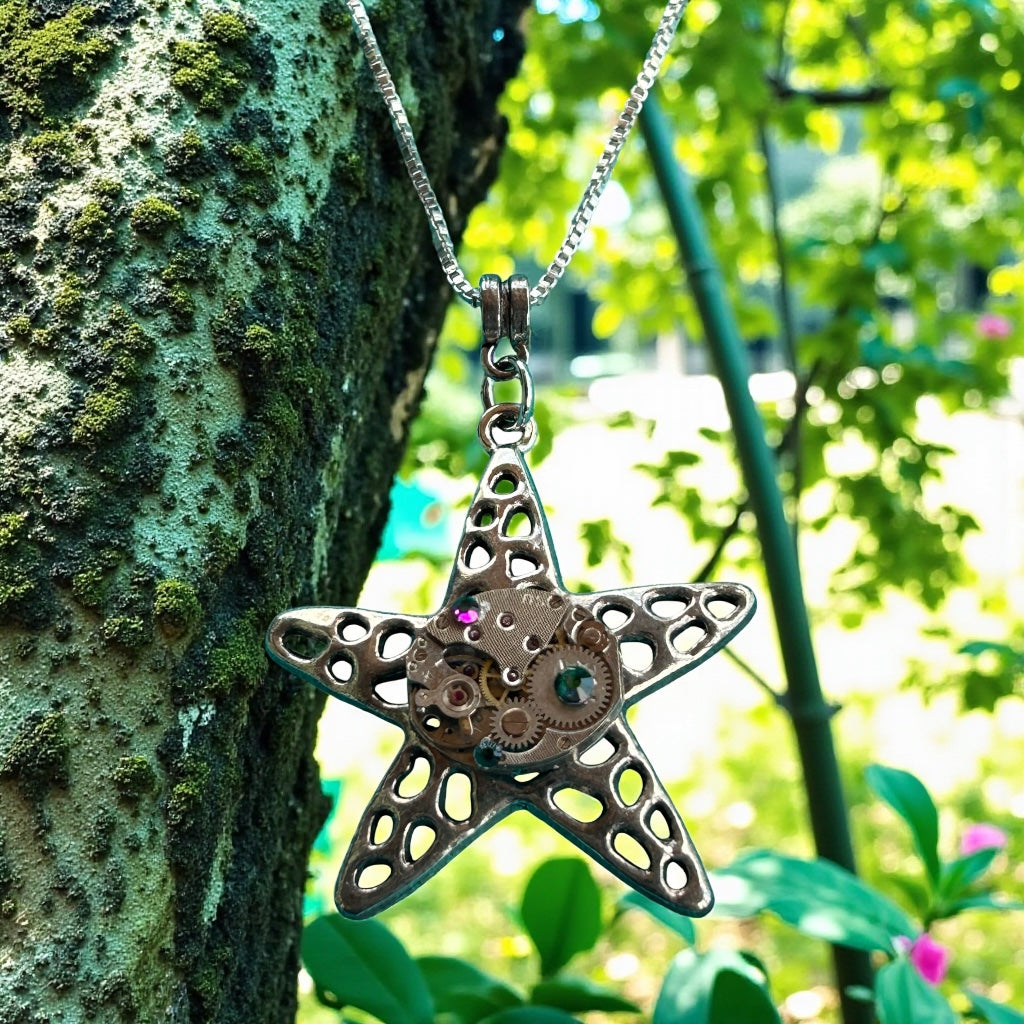 Steampunk watch movement/parts starfish necklace