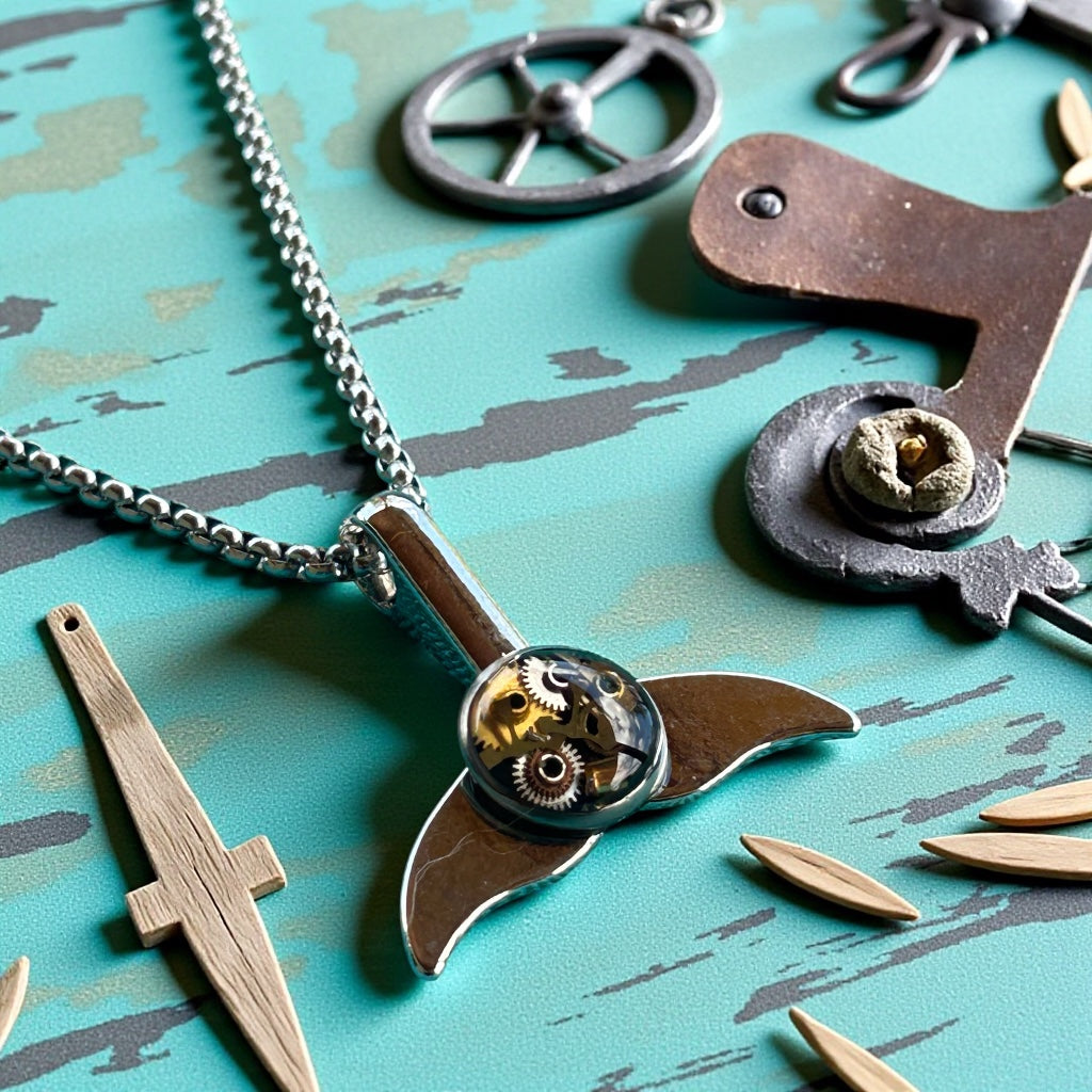 Steampunk watch parts whale tale necklace