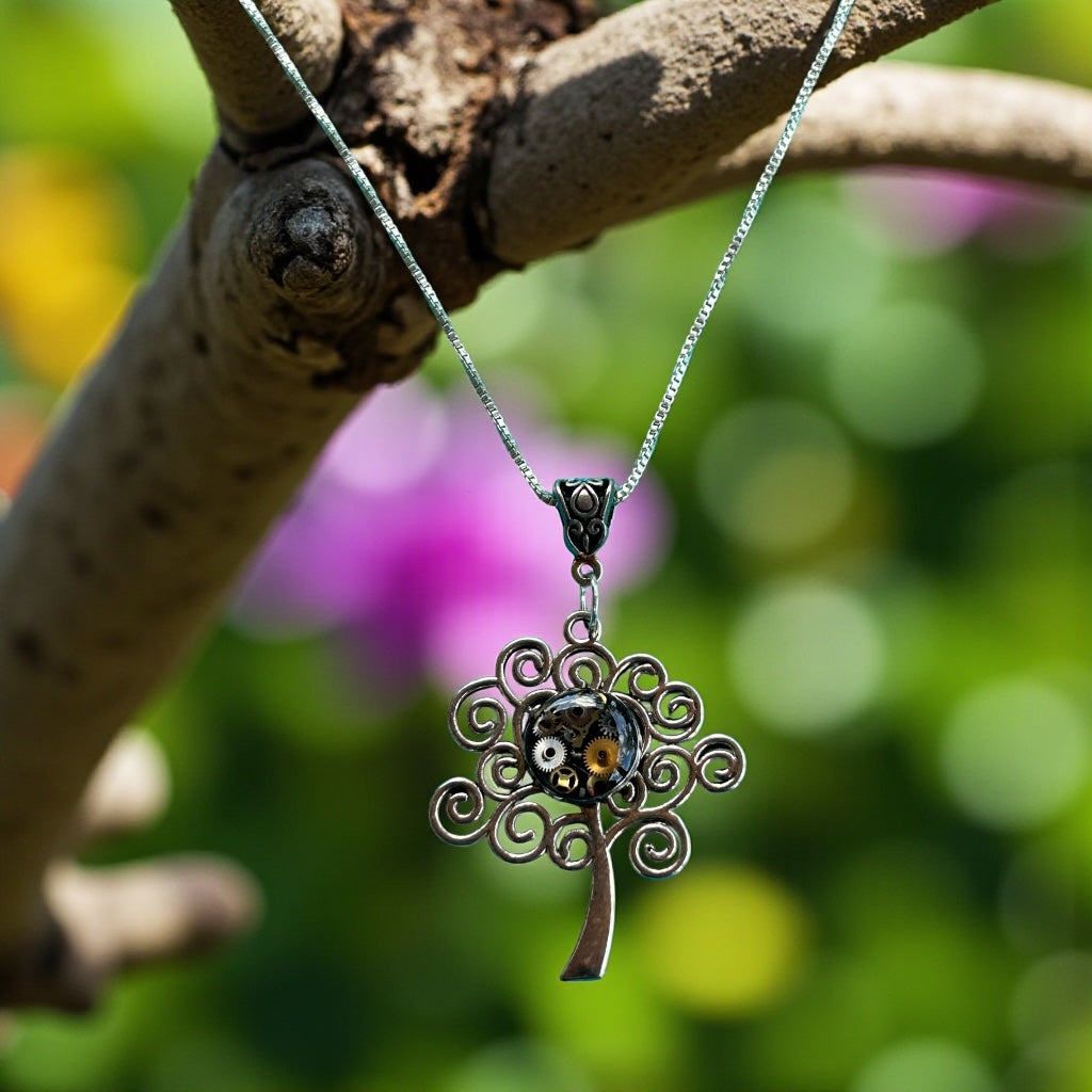 Steampunk watch parts tree of life necklace