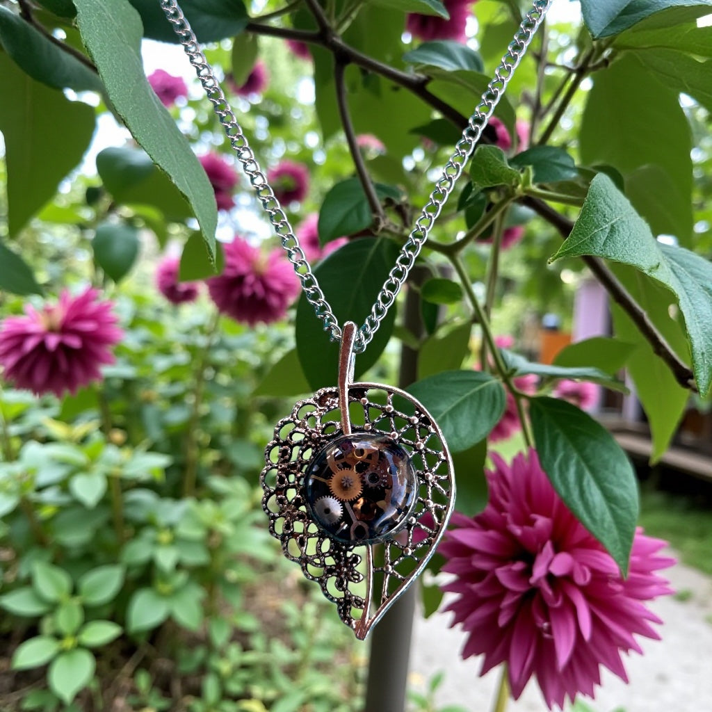 Steampunk watch parts filigree leaf necklace (2 designs