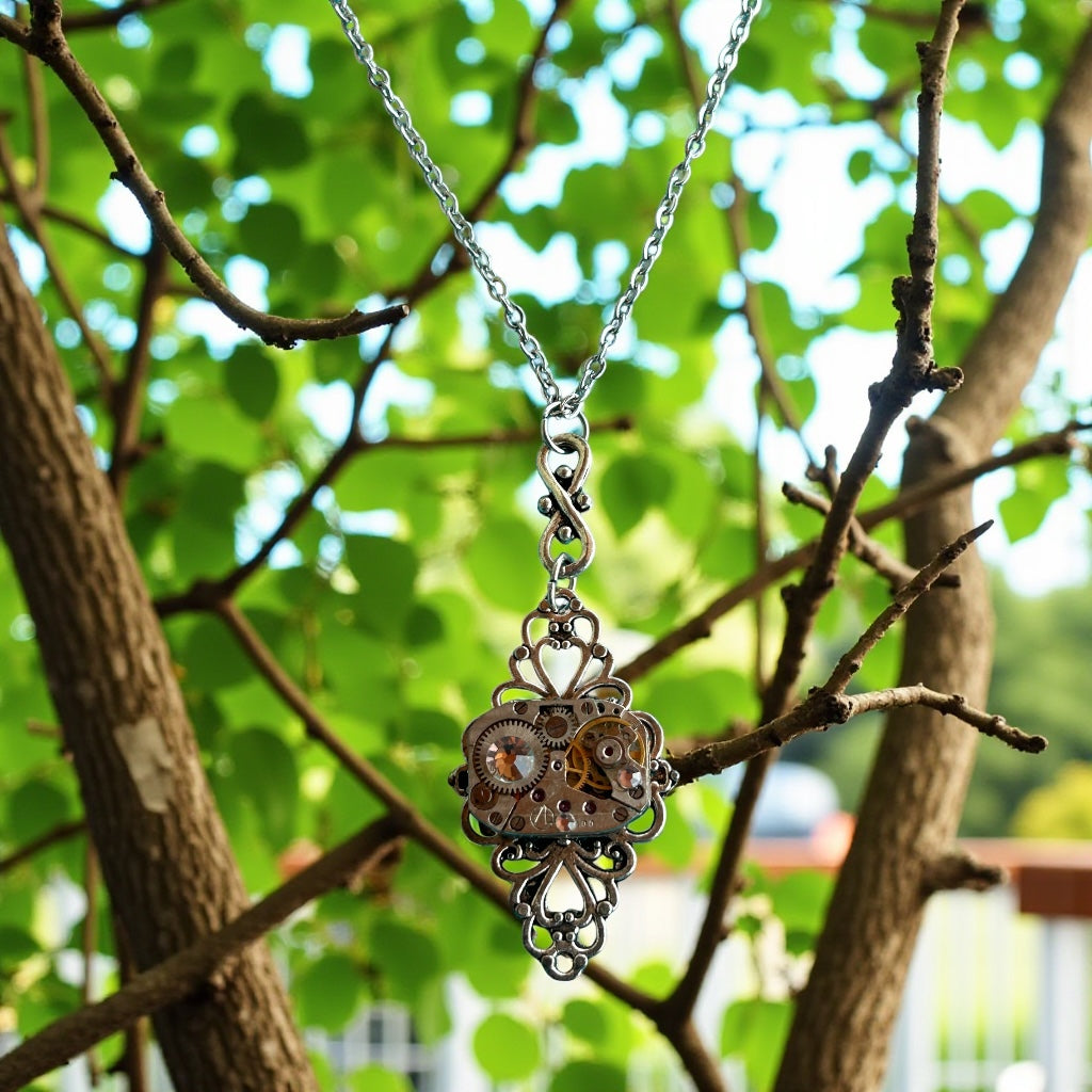 Steampunk watch movement filigree necklace