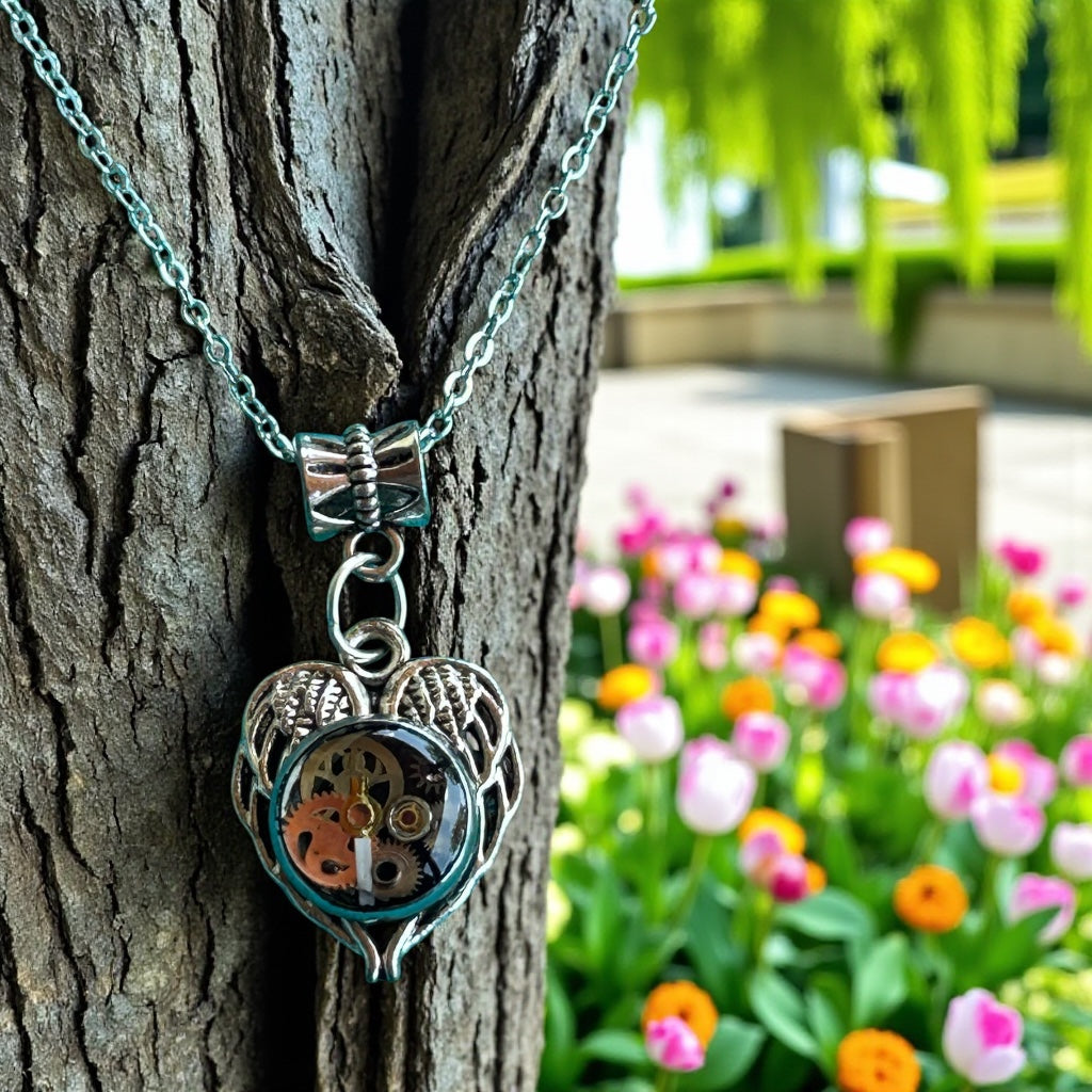 Steampunk watch parts heart wings necklace