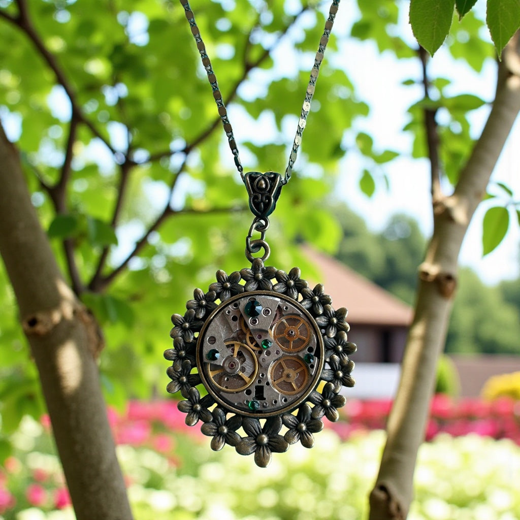 Steampunk watch movement filigree bronze necklace
