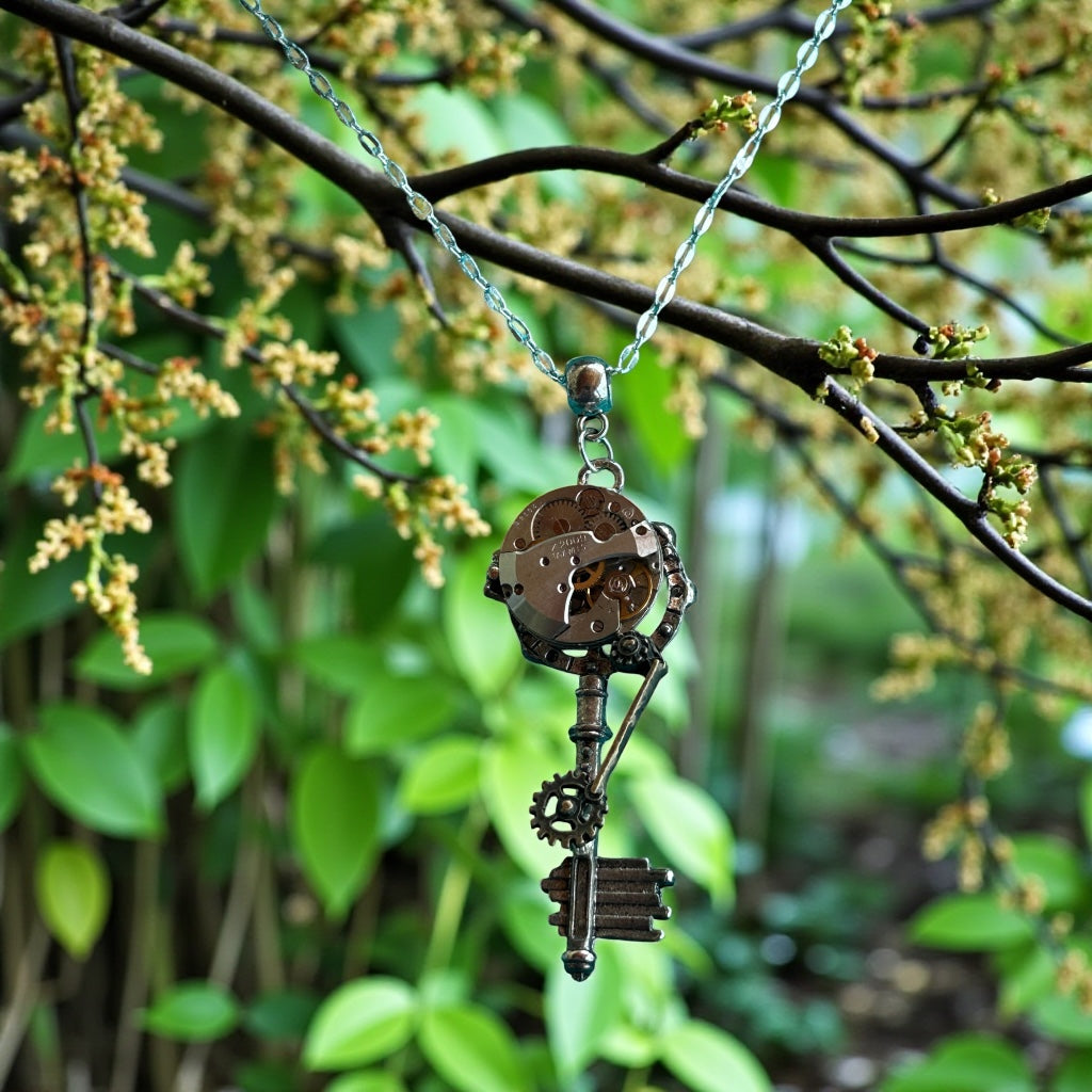 Steampunk watch movement key necklace