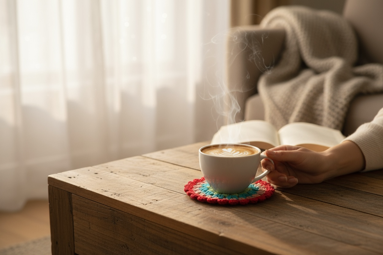 Mandala Crochet Coasters – Bright Boho Table Decor – Handmade Cotton Drink Coaster Set – Colourful Home Gift Idea