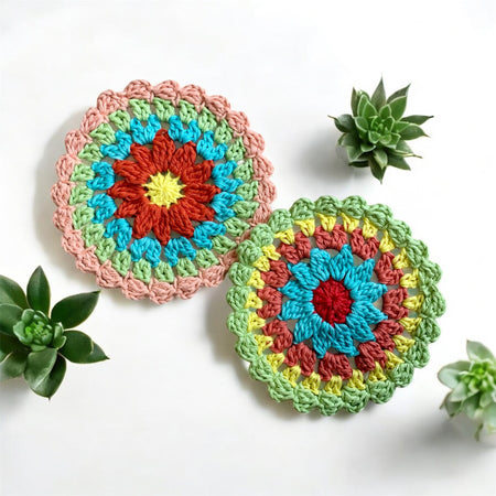 Mandala Crochet Coasters – Bright Boho Table Decor – Handmade Cotton Drink Coaster Set – Colourful Home Gift Idea