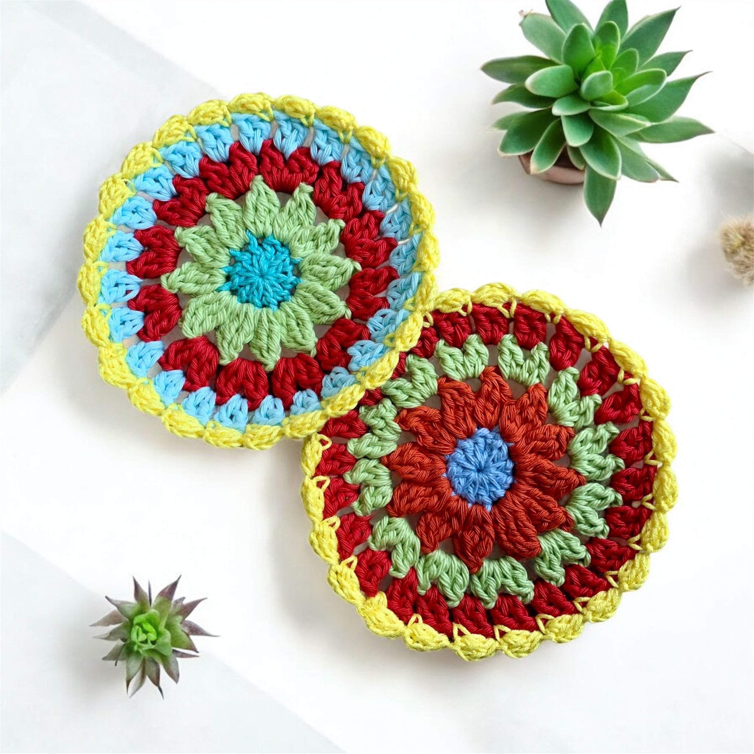 Mandala Crochet Coasters – Bright Boho Table Decor – Handmade Cotton Drink Coaster Set – Colourful Home Gift Idea