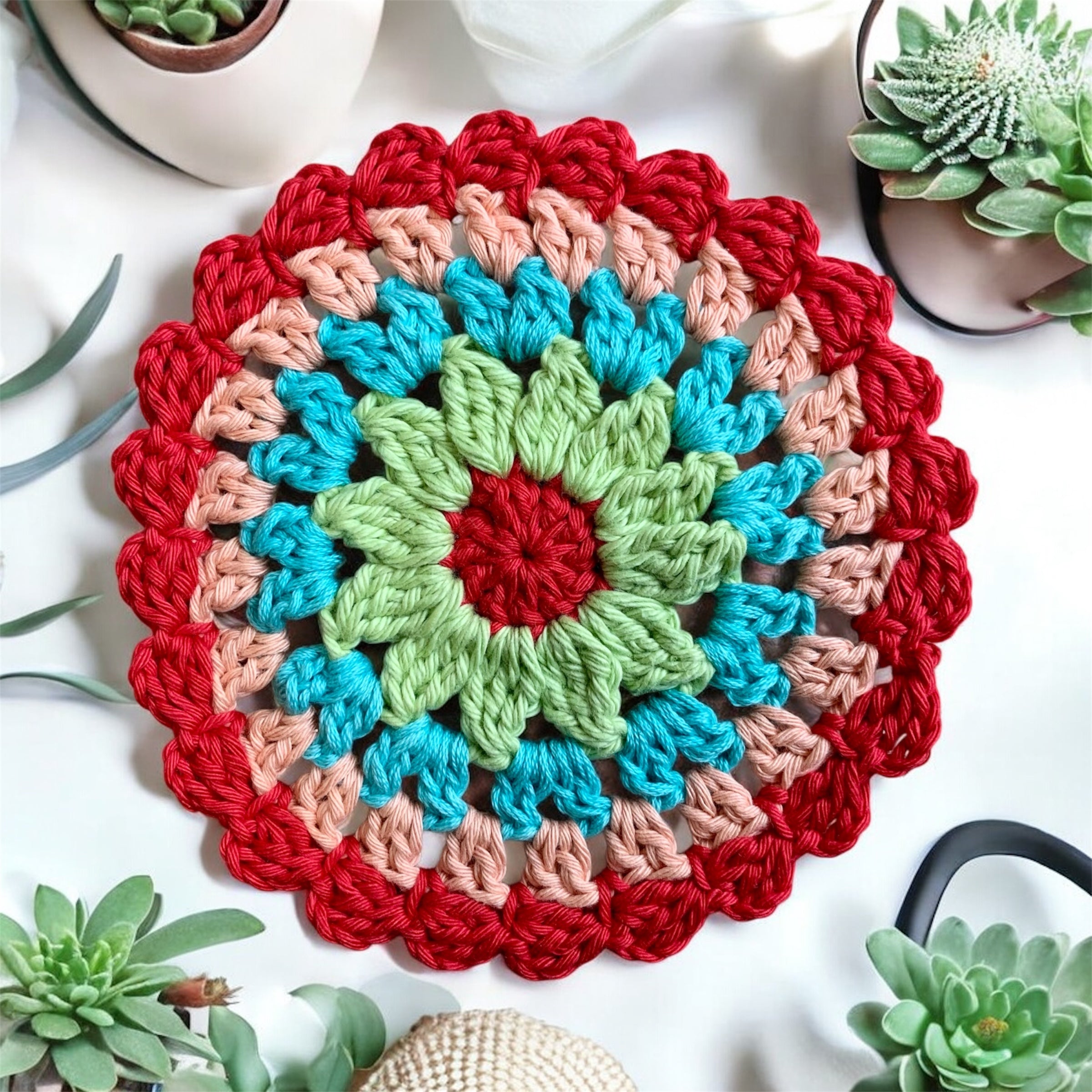Mandala Crochet Coasters – Bright Boho Table Decor – Handmade Cotton Drink Coaster Set – Colourful Home Gift Idea
