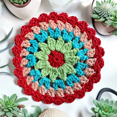 Mandala Crochet Coasters – Bright Boho Table Decor – Handmade Cotton Drink Coaster Set – Colourful Home Gift Idea