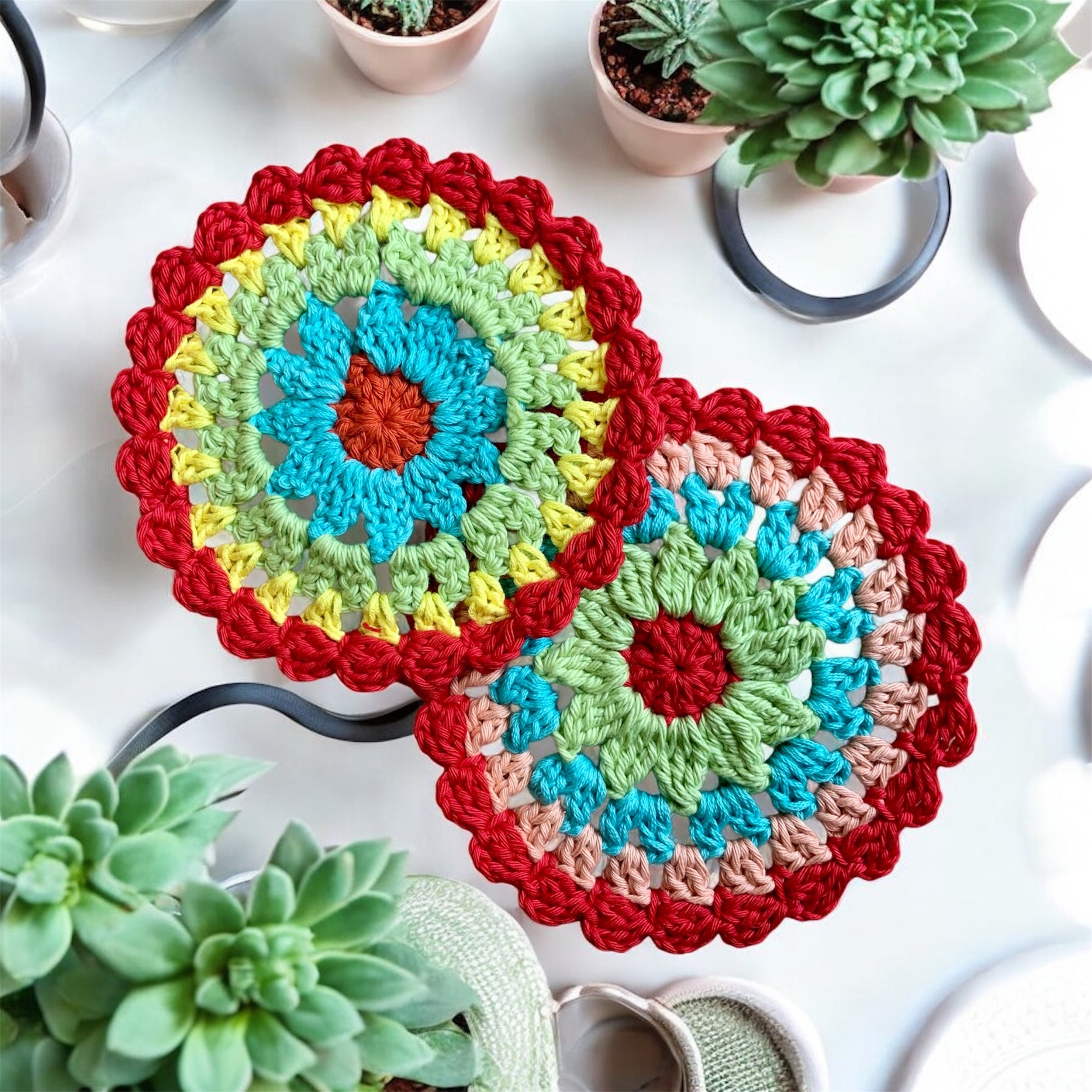Mandala Crochet Coasters – Bright Boho Table Decor – Handmade Cotton Drink Coaster Set – Colourful Home Gift Idea