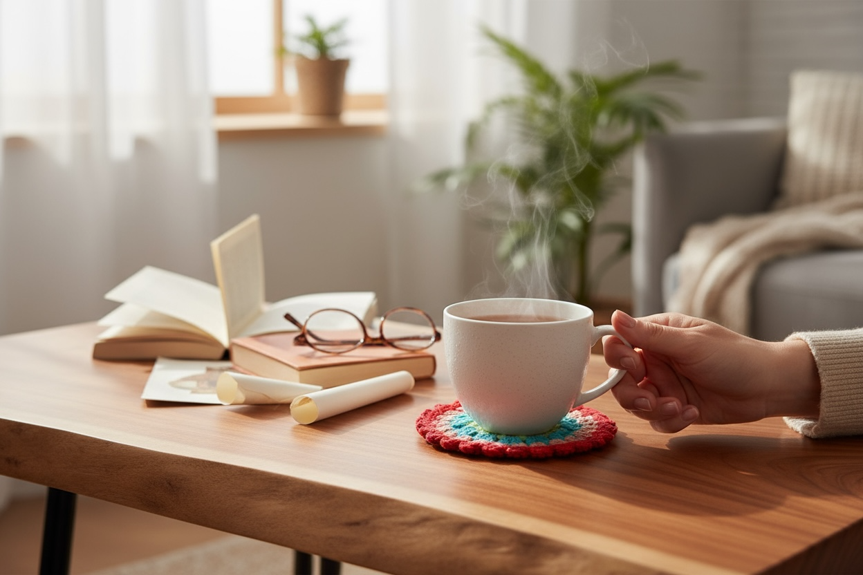 Mandala Crochet Coasters – Bright Boho Table Decor – Handmade Cotton Drink Coaster Set – Colourful Home Gift Idea