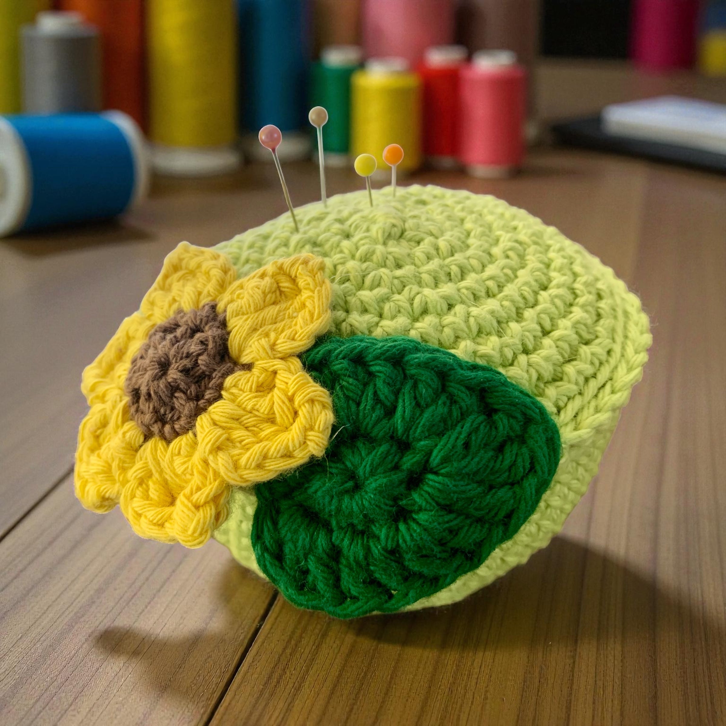 Crochet Sunflower Pincushion – Handmade Flower Pin Cushion with Steel Wool Sharpening Layer – Cute Sewing Gift for Crafters & Quilters
