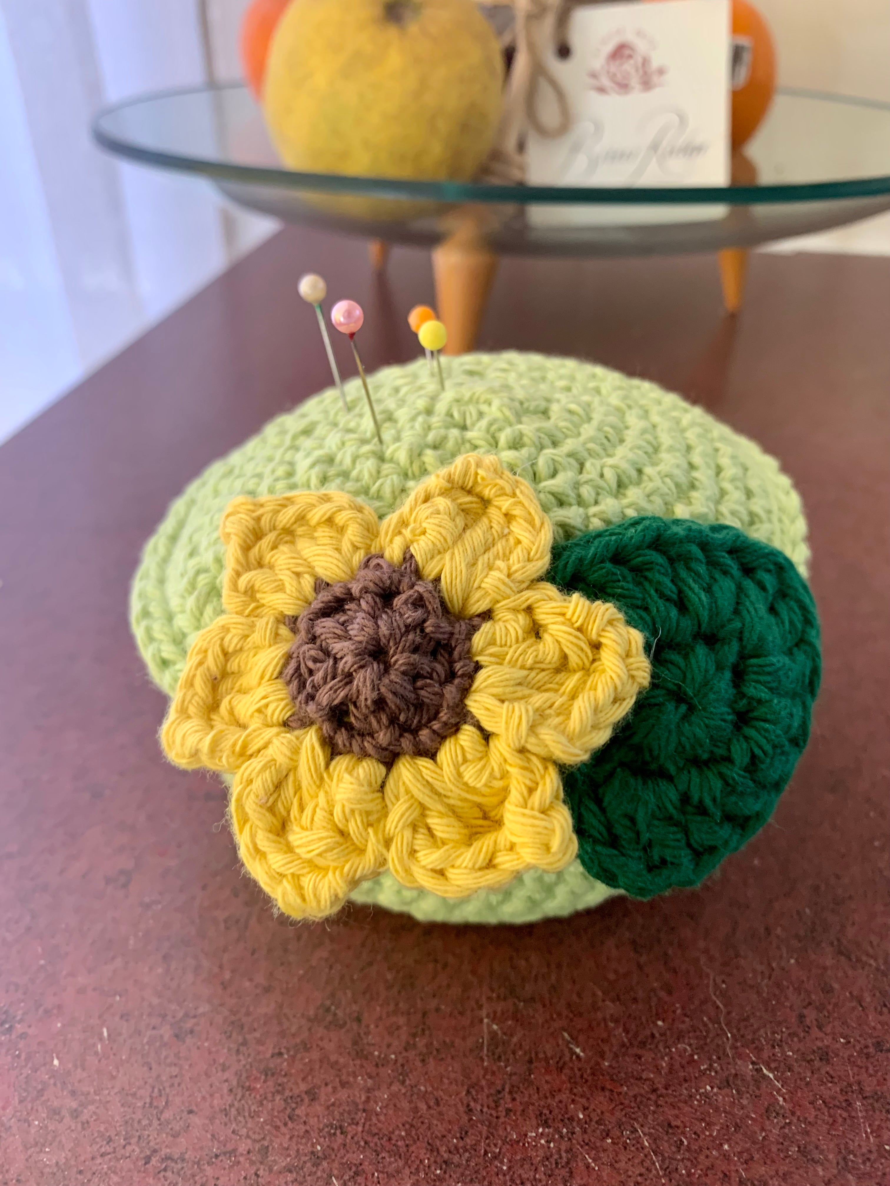 Crochet Sunflower Pincushion – Handmade Flower Pin Cushion with Steel Wool Sharpening Layer – Cute Sewing Gift for Crafters & Quilters