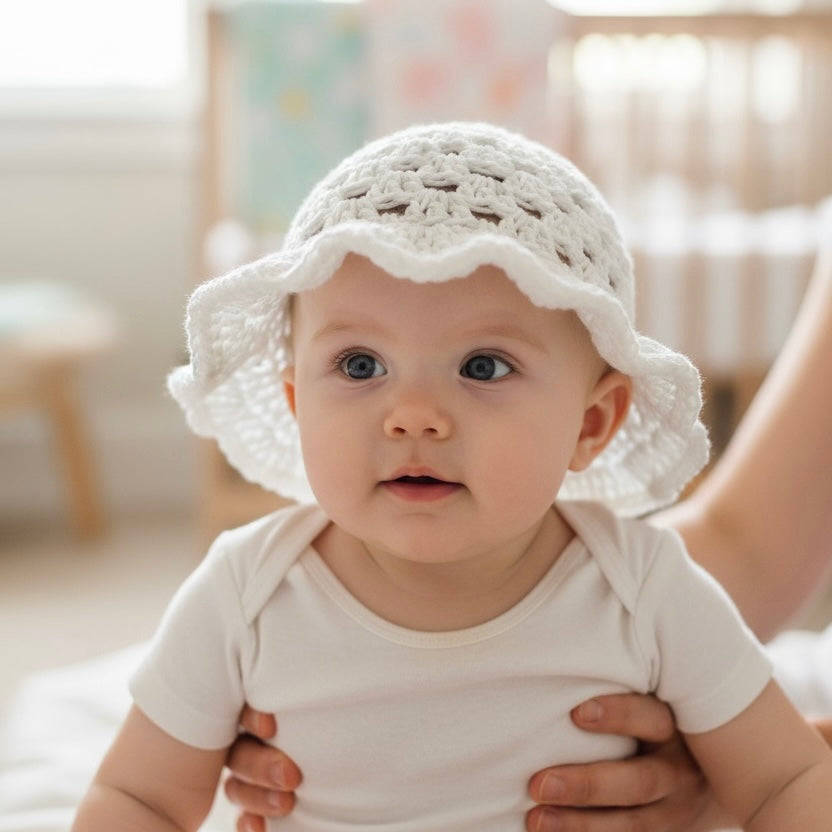 Soft & Breathable Crochet Baby Hat – White with Ruffled Brim (3-6M)