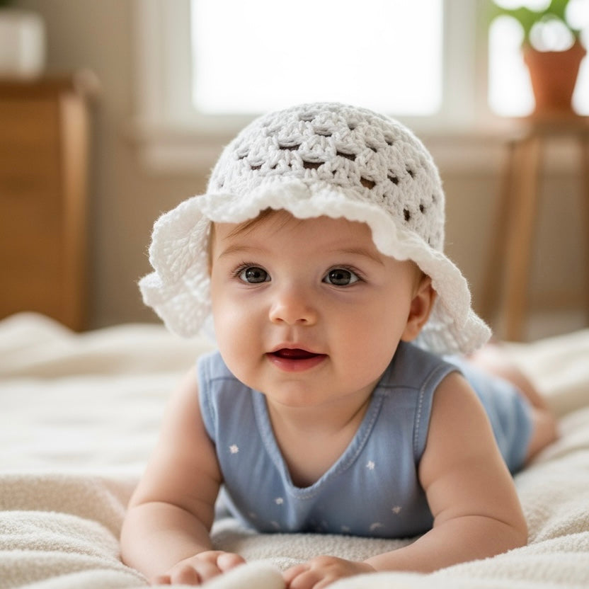 Soft & Breathable Crochet Baby Hat – White with Ruffled Brim (3-6M)