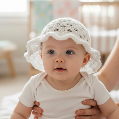 Soft & Breathable Crochet Baby Hat – White with Ruffled Brim (3-6M)
