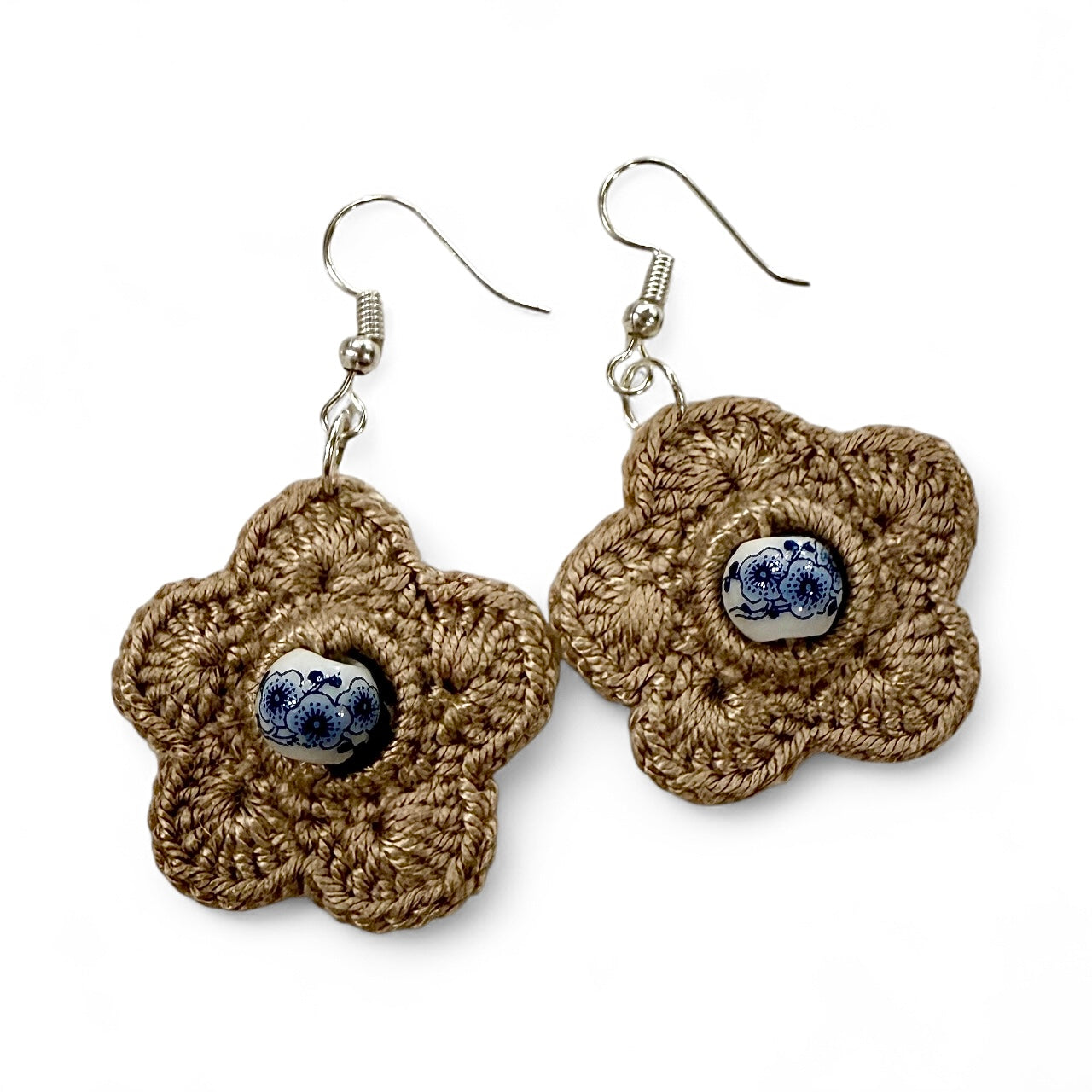 Crochet Earrings - Flora Beads: Natural Beige with Bead #1