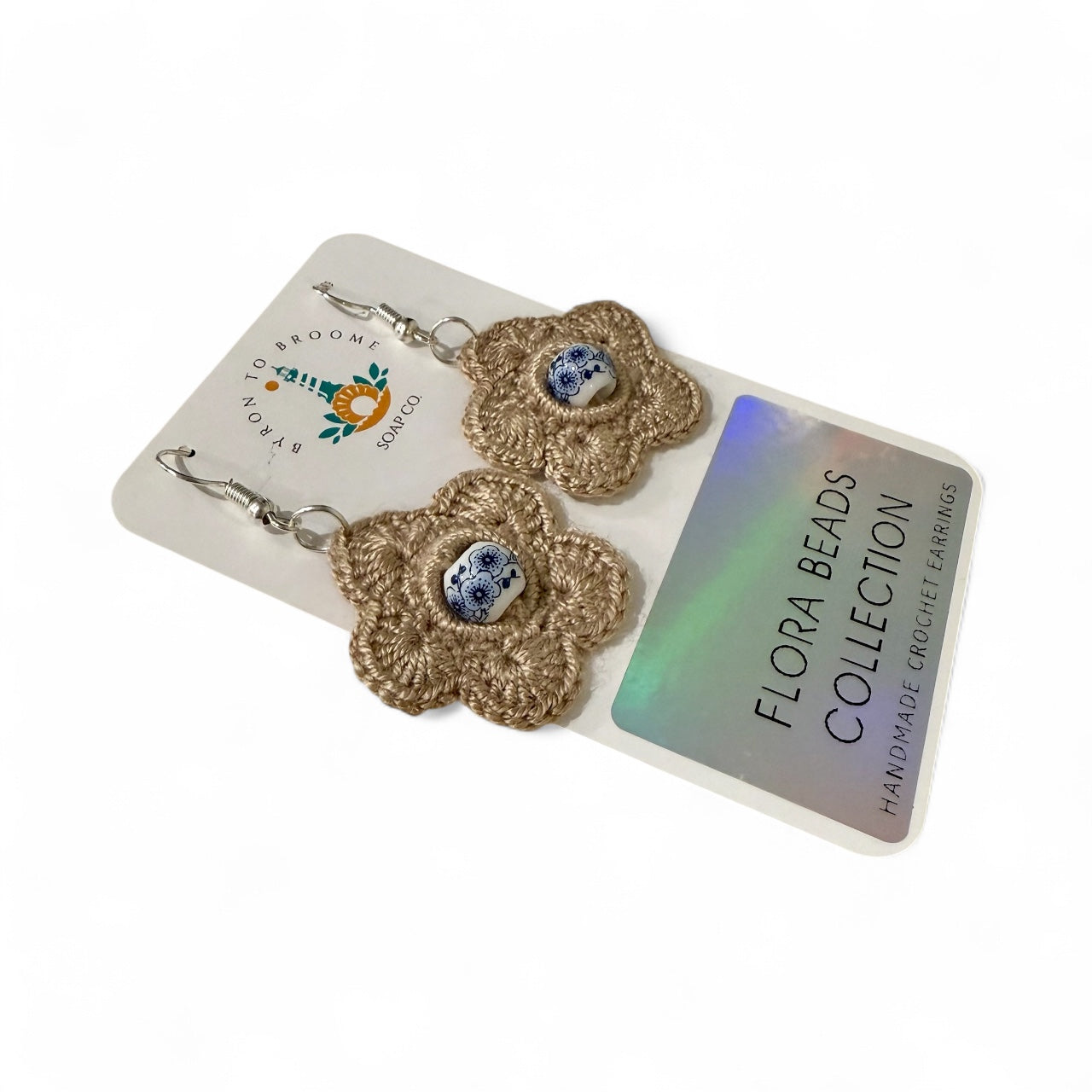 Crochet Earrings - Flora Beads: Natural Beige with Bead #1