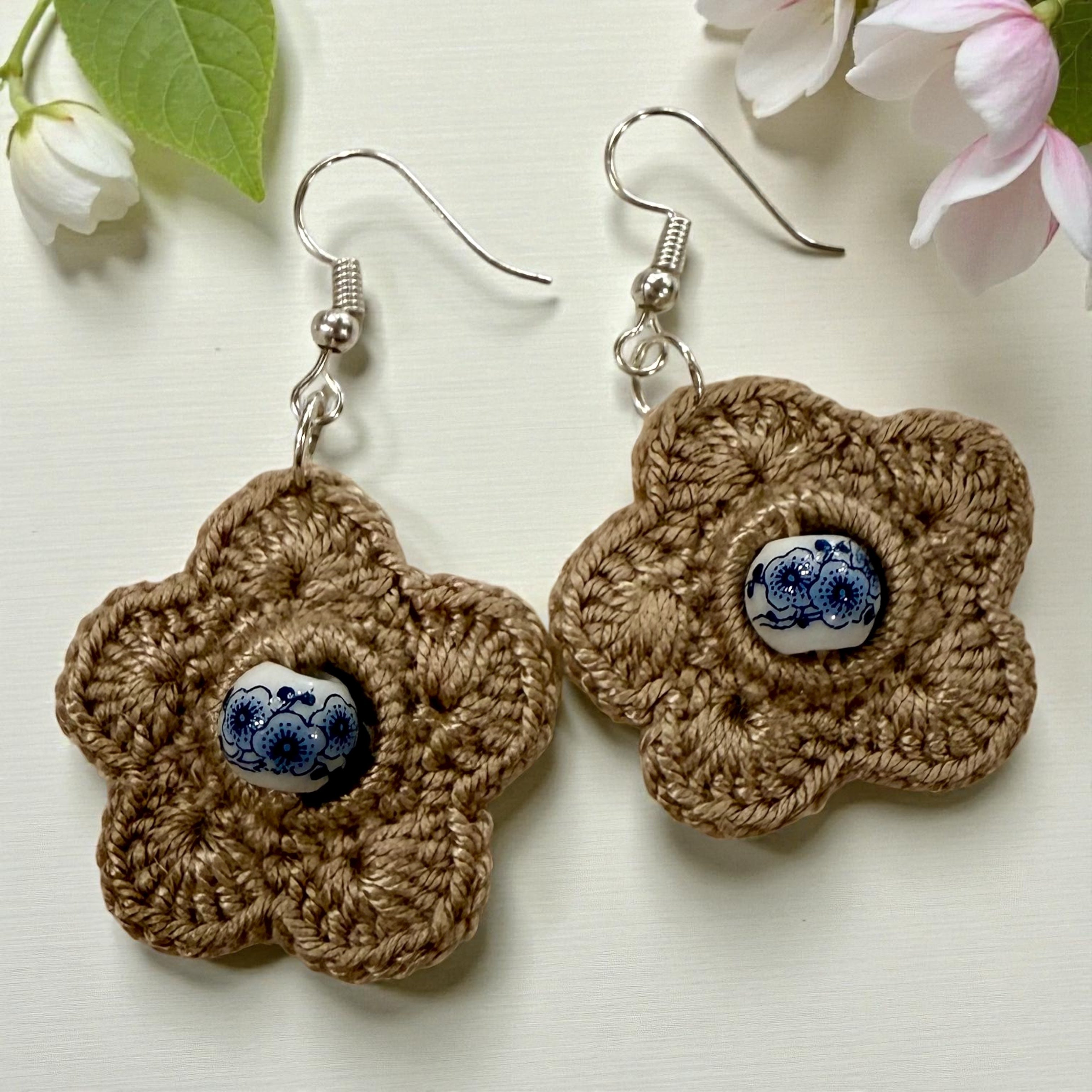 Crochet Earrings - Flora Beads: Natural Beige with Bead #1
