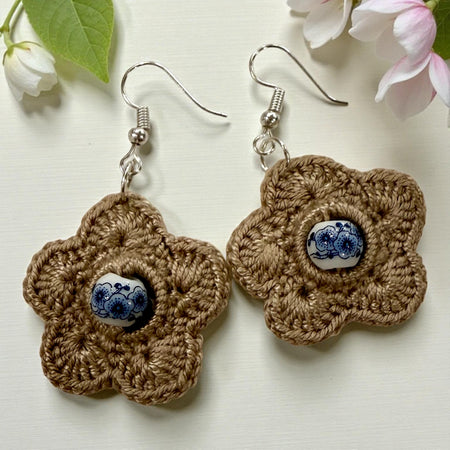Crochet Earrings - Flora Beads: Natural Beige with Bead #1