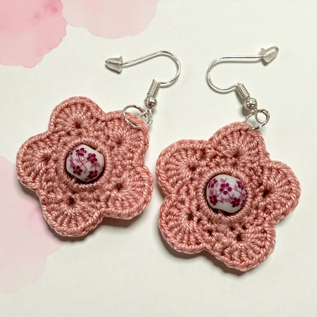 Crochet Earrings - Flora Beads: Dusty Pink with Bead #2
