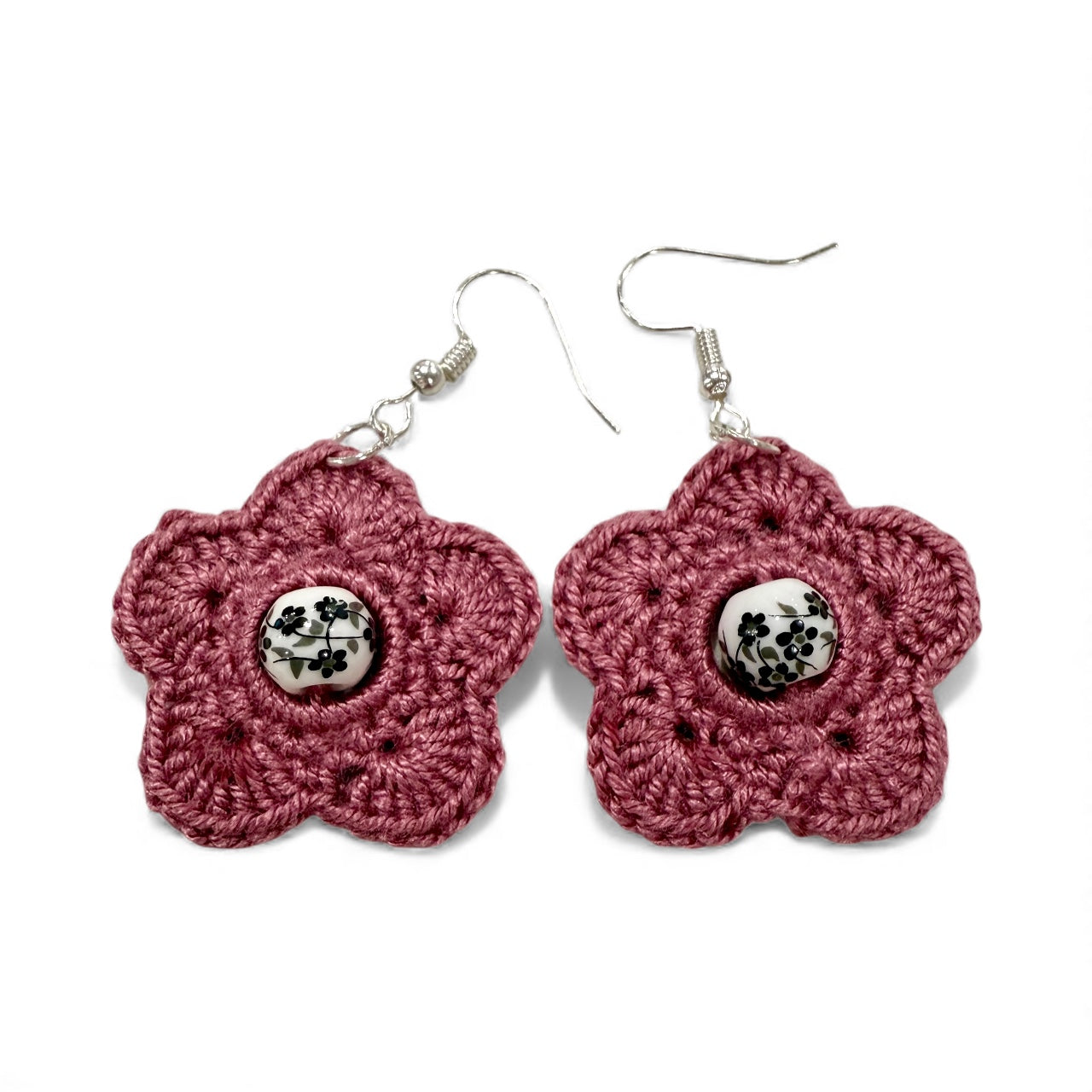 Crochet Earrings - Flora Beads: Berry Mauve with Bead #3