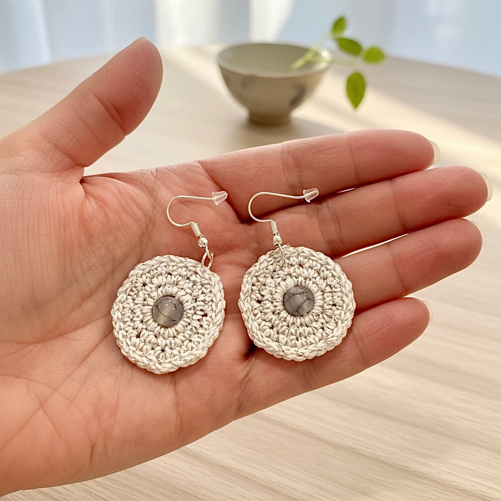 Crochet Earrings - Silver Thread with Black Striped Cracked Agate #4