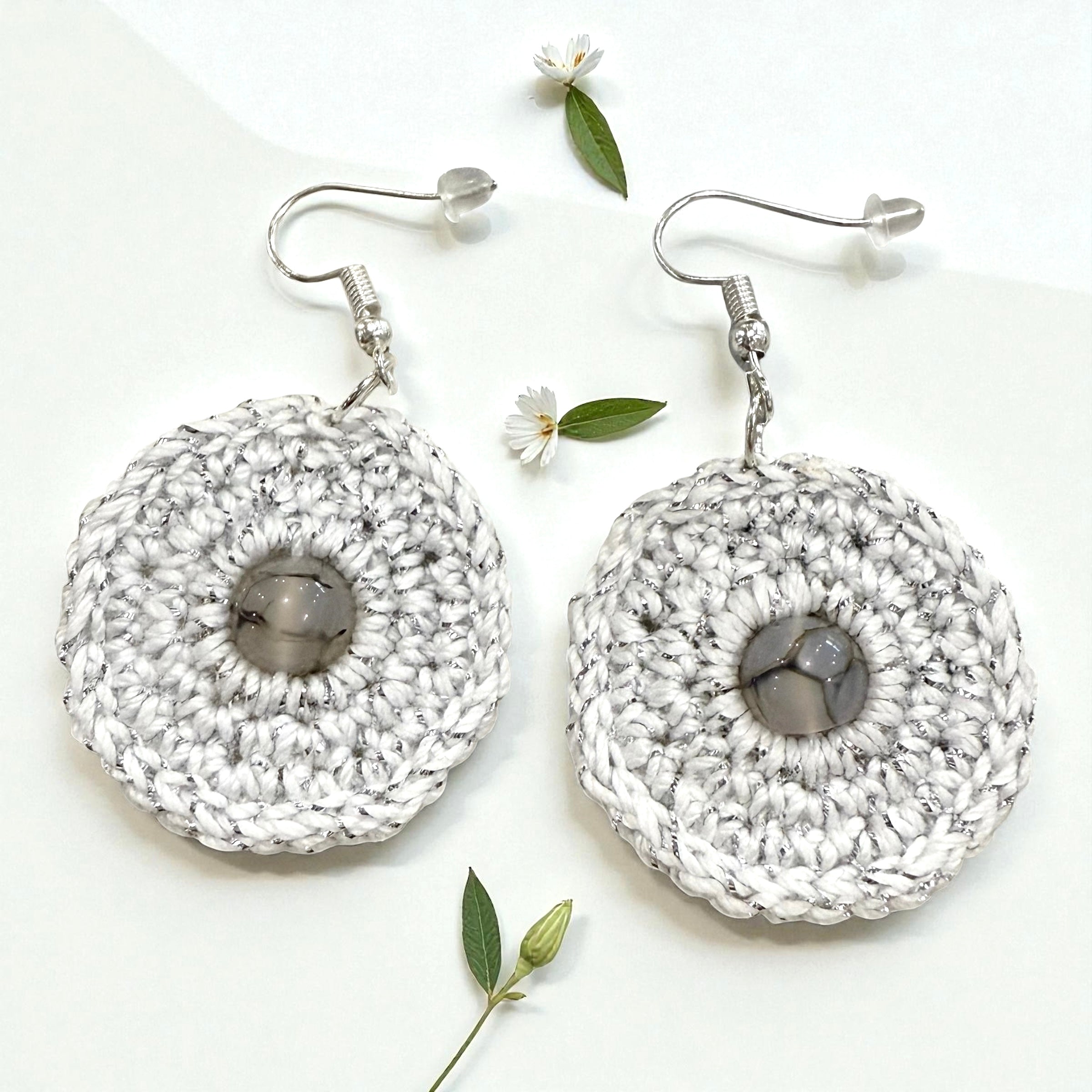 Crochet Earrings - Silver Thread with Black Striped Cracked Agate #4