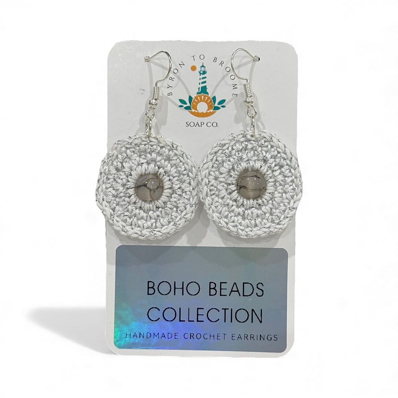 Crochet Earrings - Silver Thread with Black Striped Cracked Agate #4