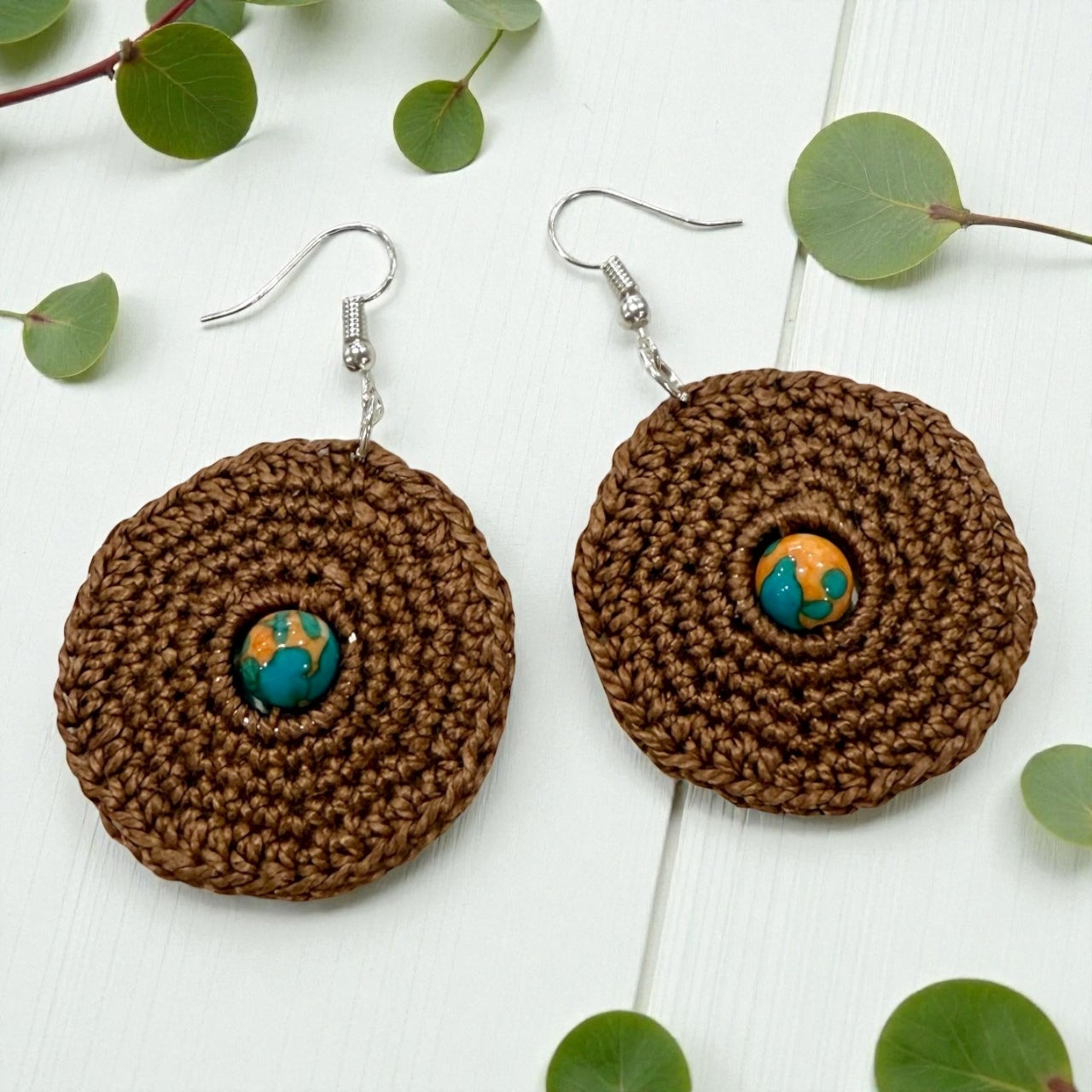 Crochet Earrings - Earth Brown with Natural Rain Flower Stone Beads