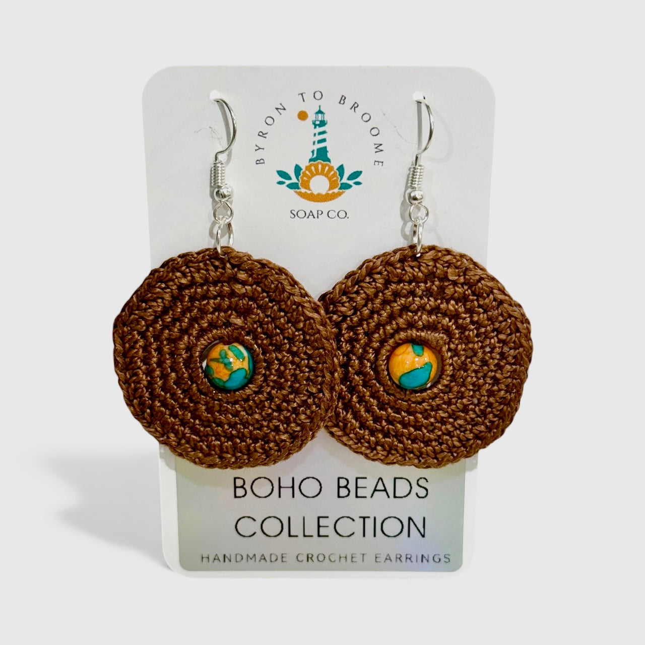 Crochet Earrings - Earth Brown with Natural Rain Flower Stone Beads