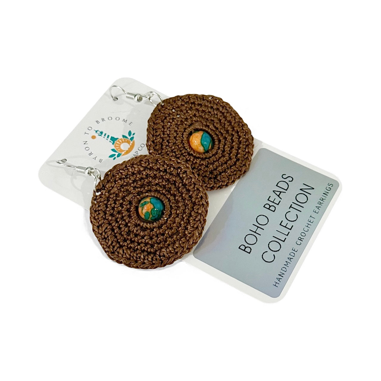 Crochet Earrings - Earth Brown with Natural Rain Flower Stone Beads