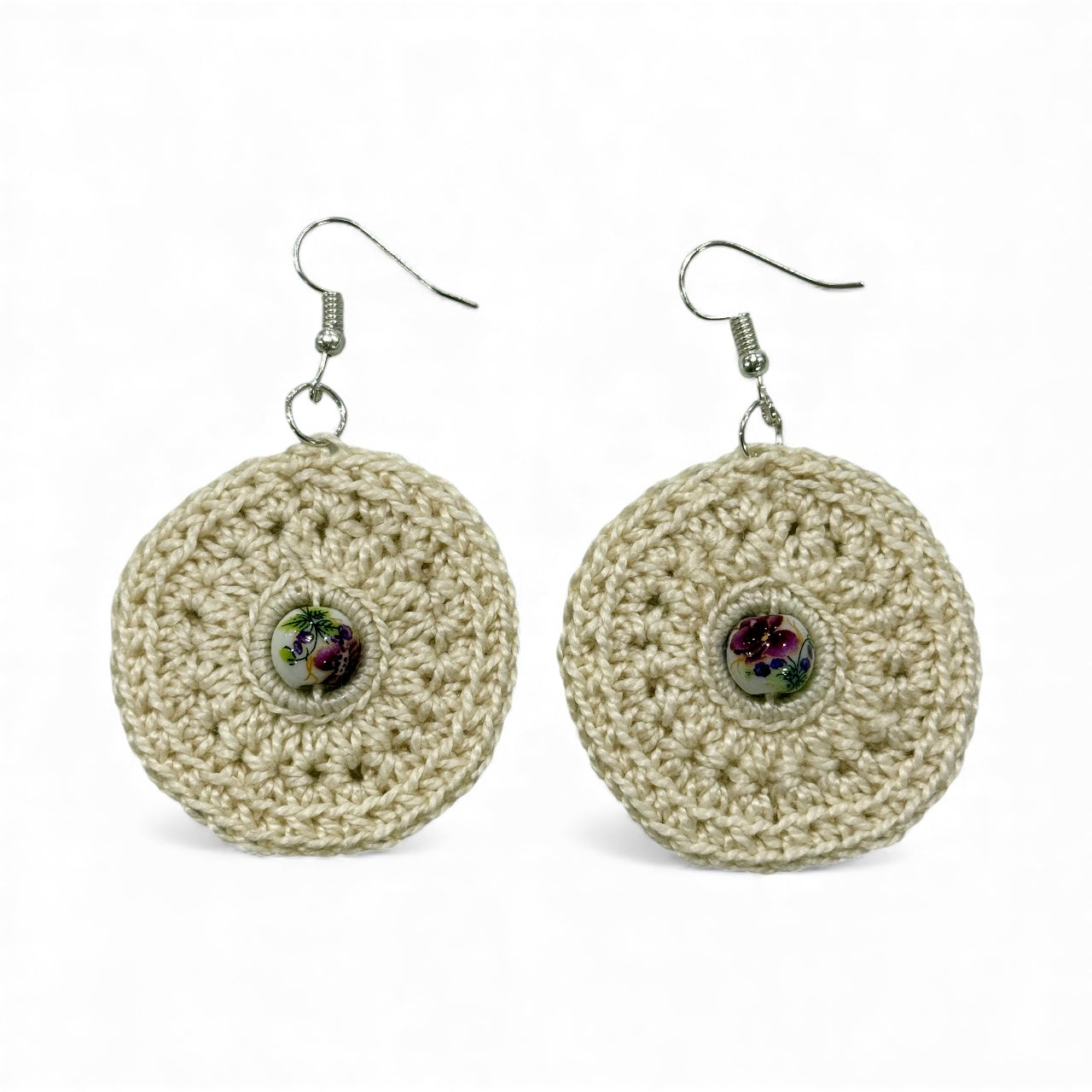 Crochet Earrings - Neutral with Porcelain-Style Floral Garden Vintage Beads