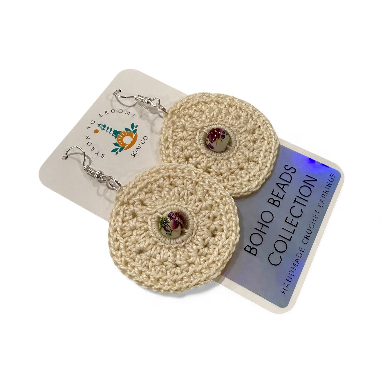 Crochet Earrings - Neutral with Porcelain-Style Floral Garden Vintage Beads