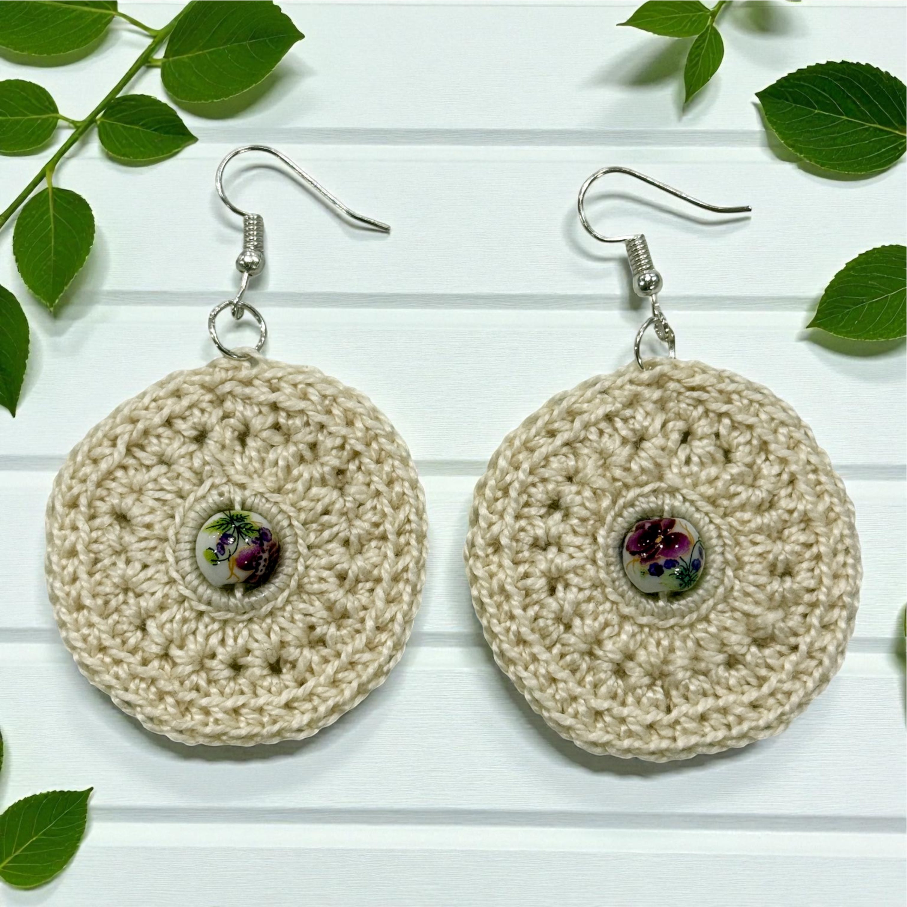 Crochet Earrings - Neutral with Porcelain-Style Floral Garden Vintage Beads