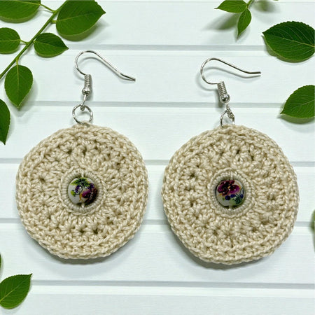Crochet Earrings - Neutral with Porcelain-Style Floral Garden Vintage Beads