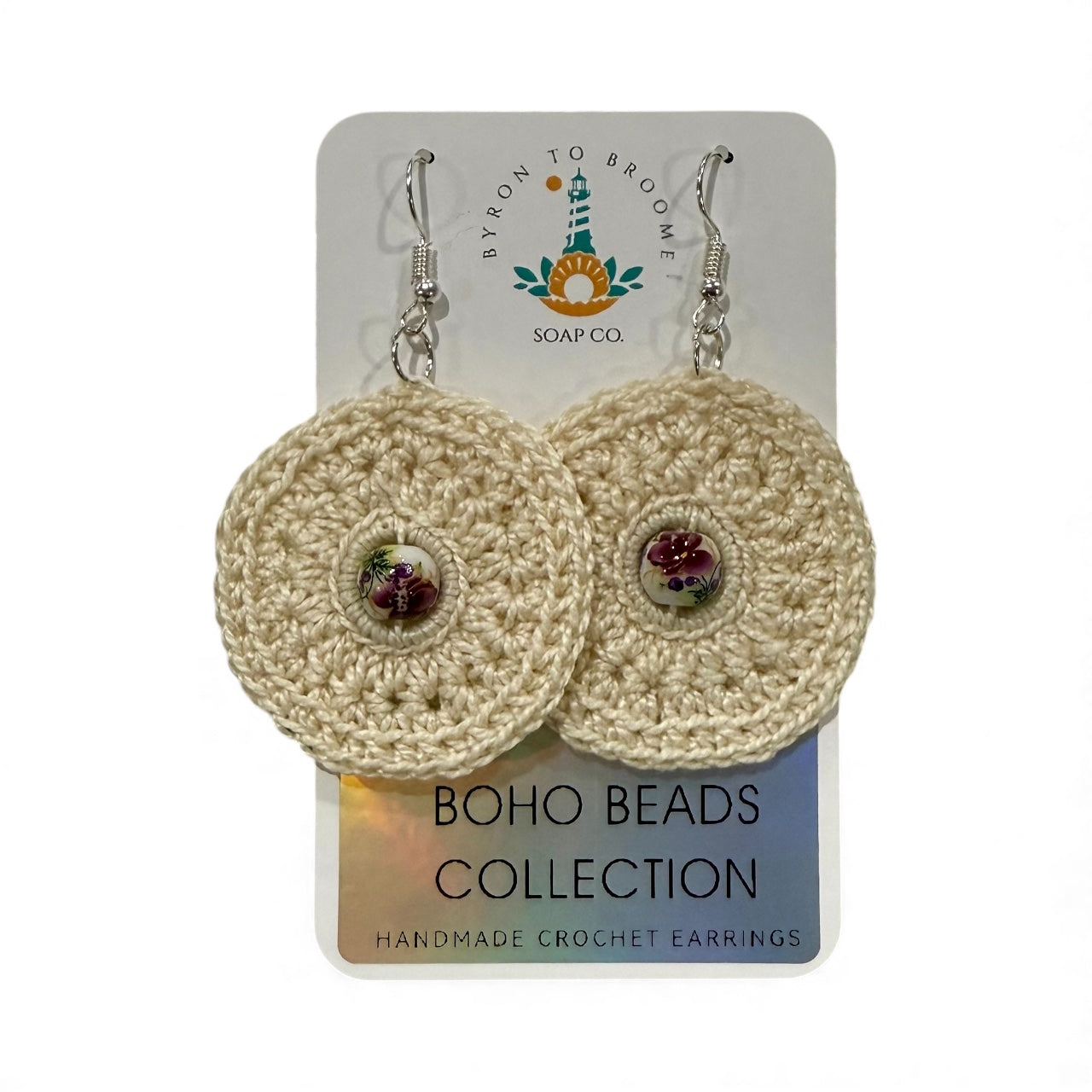 Crochet Earrings - Neutral with Porcelain-Style Floral Garden Vintage Beads