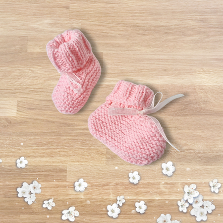 Pink Baby Booties with Cuffs & White Ribbons