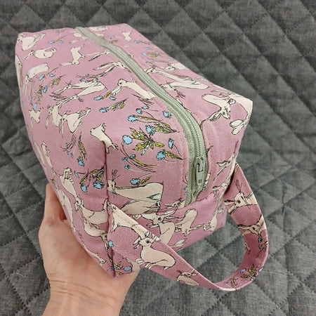 Dusky pink rabbit print makeup bag , Toiletry bag with handle