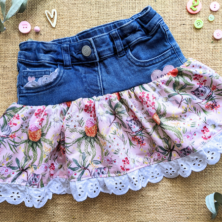 Girls Skirt Upcycled Denim Possums and flowers Size 2-3