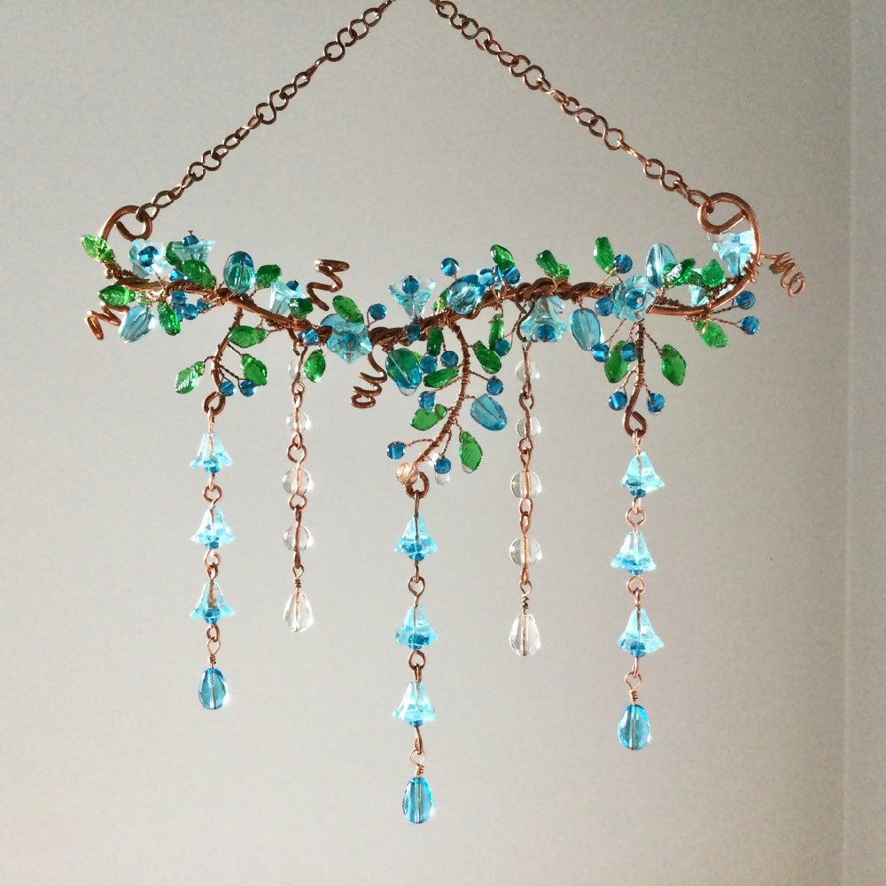 Wall/Window Decor Aqua Bell flowers; Green Leaves Glass Beads