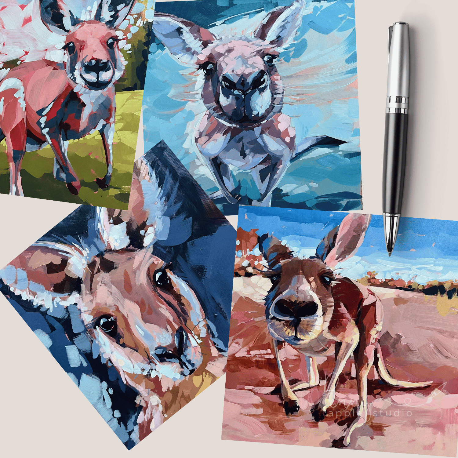 (4) Australian Kangaroo Greeting Card Set - Expressive Art