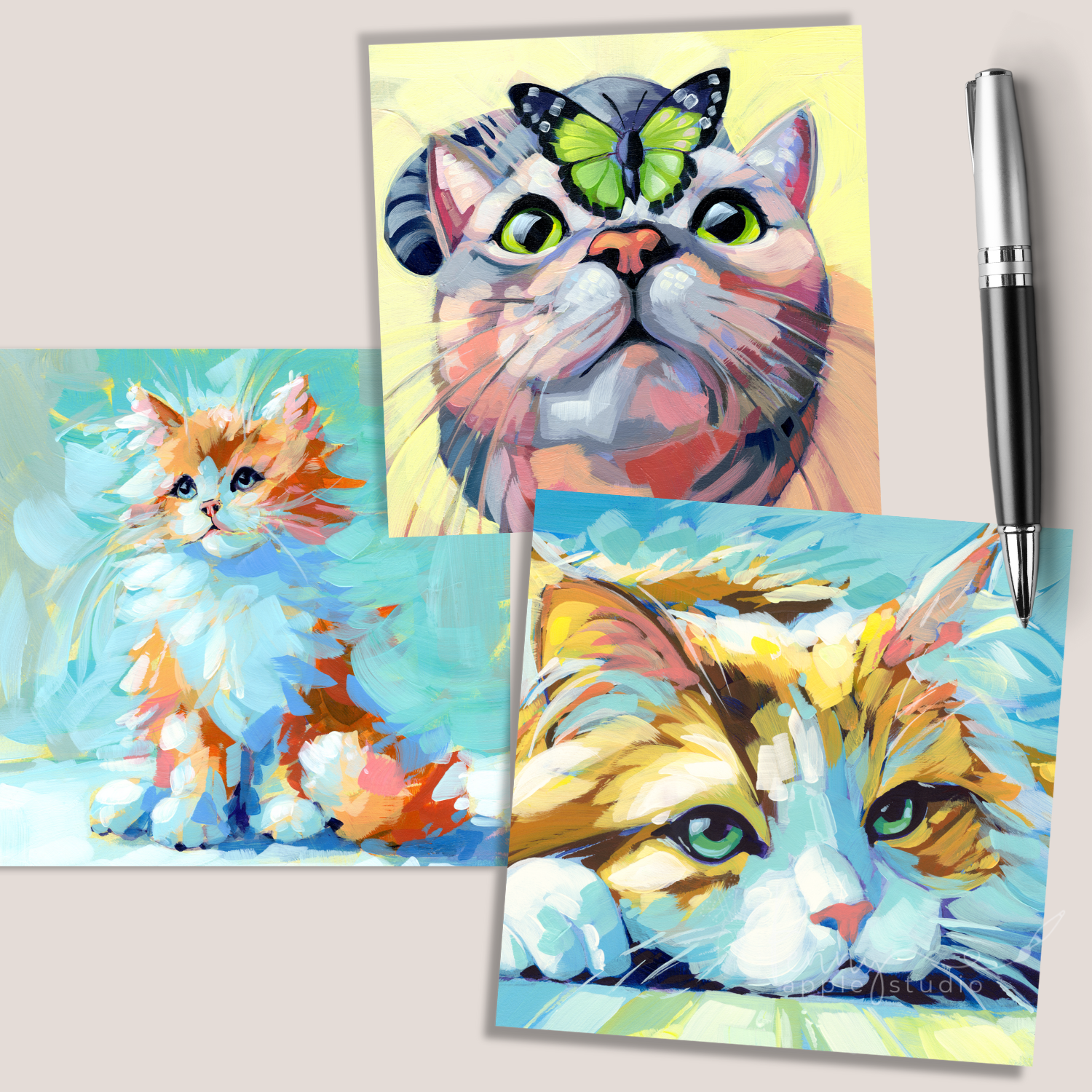 (3) Fancy Felines Greeting Card Set - Whimsical Kitty Cat Art