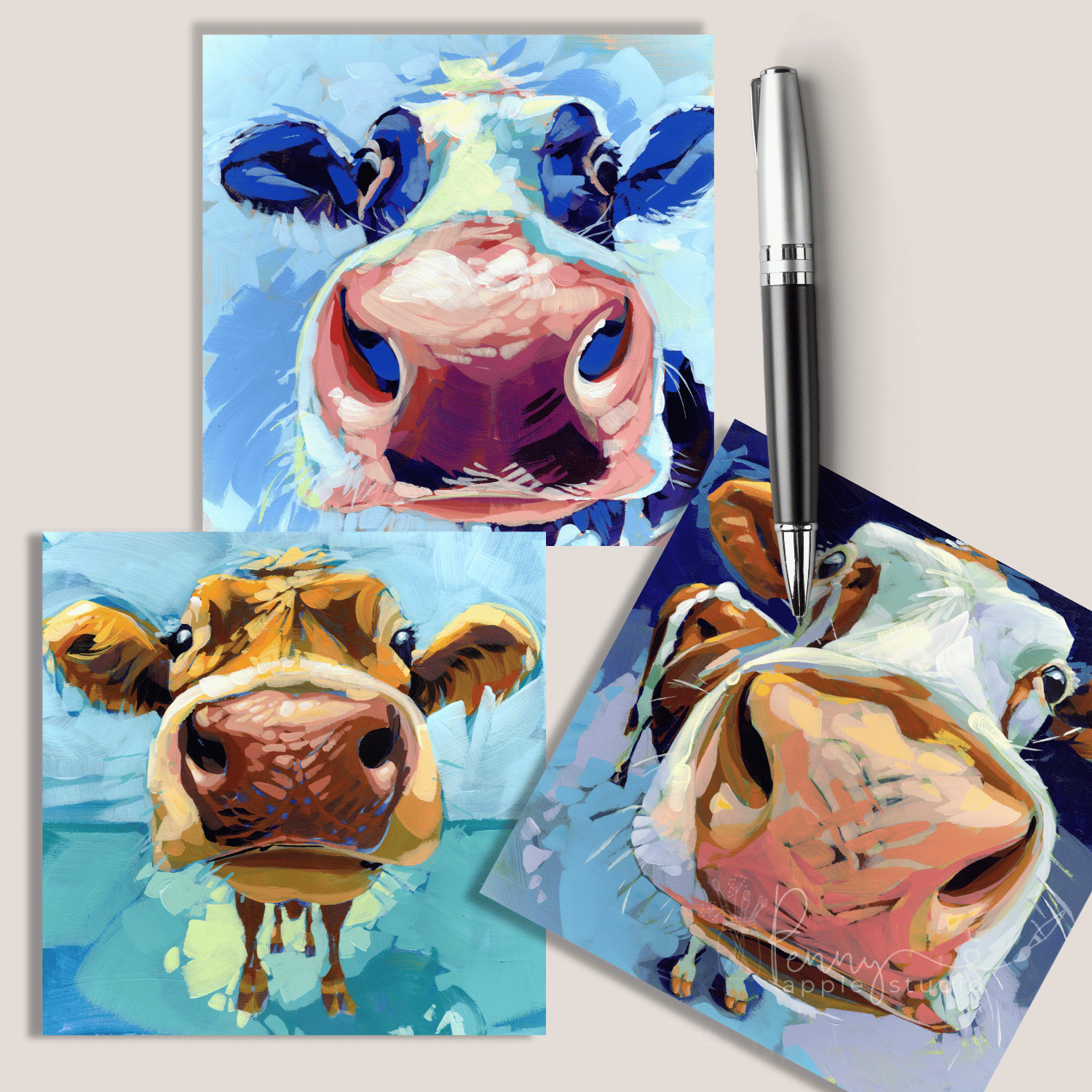 (3) 'Moo'dy Beauty Greeting Card Set - Whimsical Cow Art