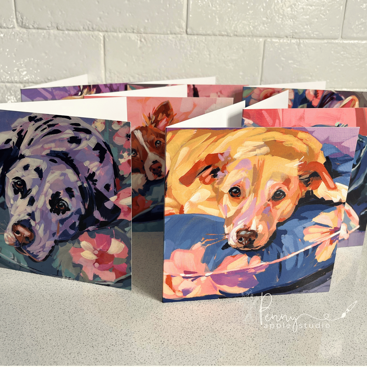 (4) Fluff and Florals Greeting Card Set –  Bold Puppy Dog Art