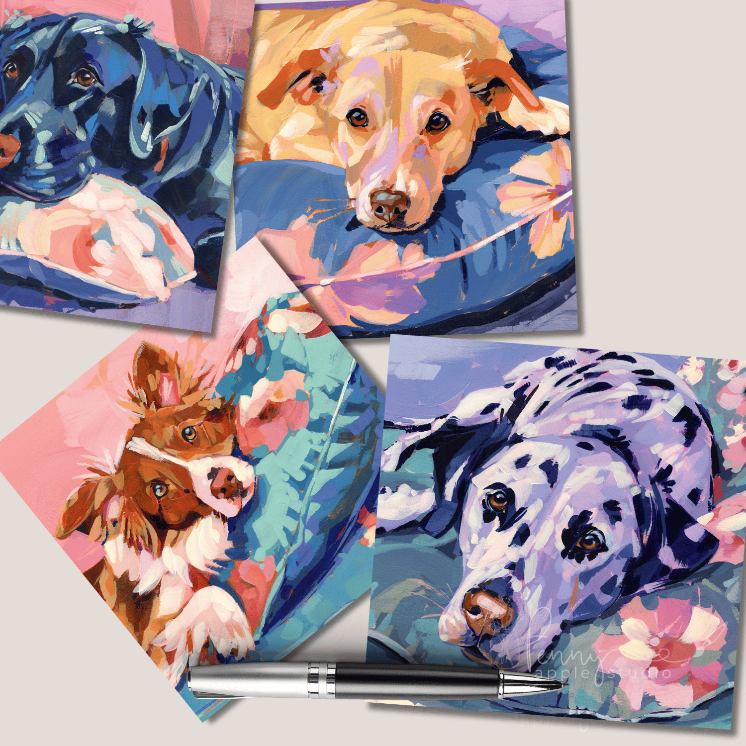 (4) Fluff and Florals Greeting Card Set –  Bold Puppy Dog Art