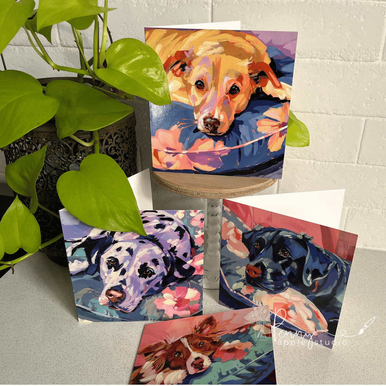 (4) Fluff and Florals Greeting Card Set –  Bold Puppy Dog Art