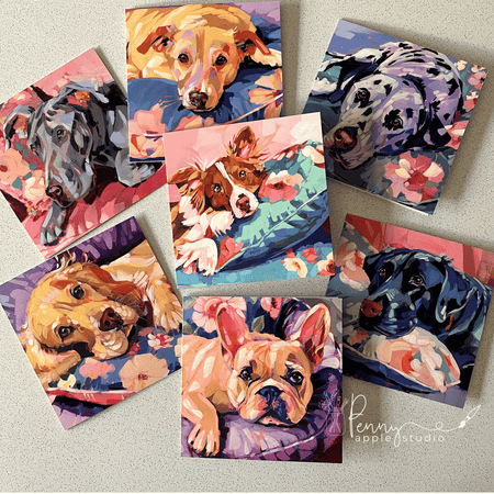 (7) Fluff & Florals Greeting Card Set - Bold Puppy Dog Art