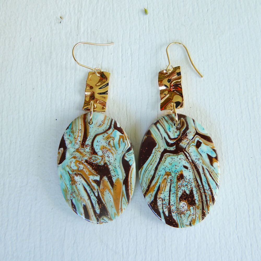 Chocolate & Mint Green Polymer Clay Earrings "Traveller"