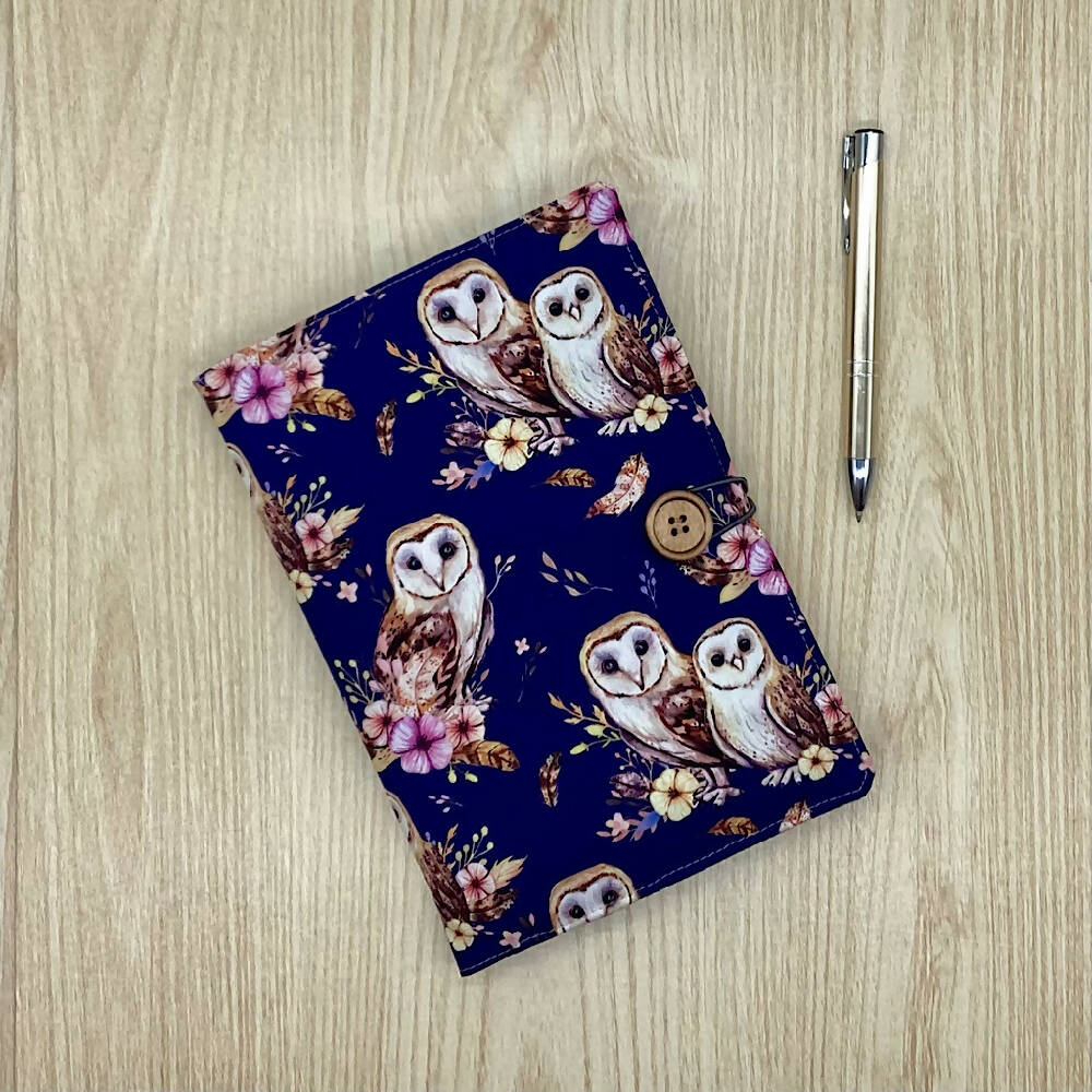 Owls refillable A5 fabric notebook cover gift set - Incl. book and pen.